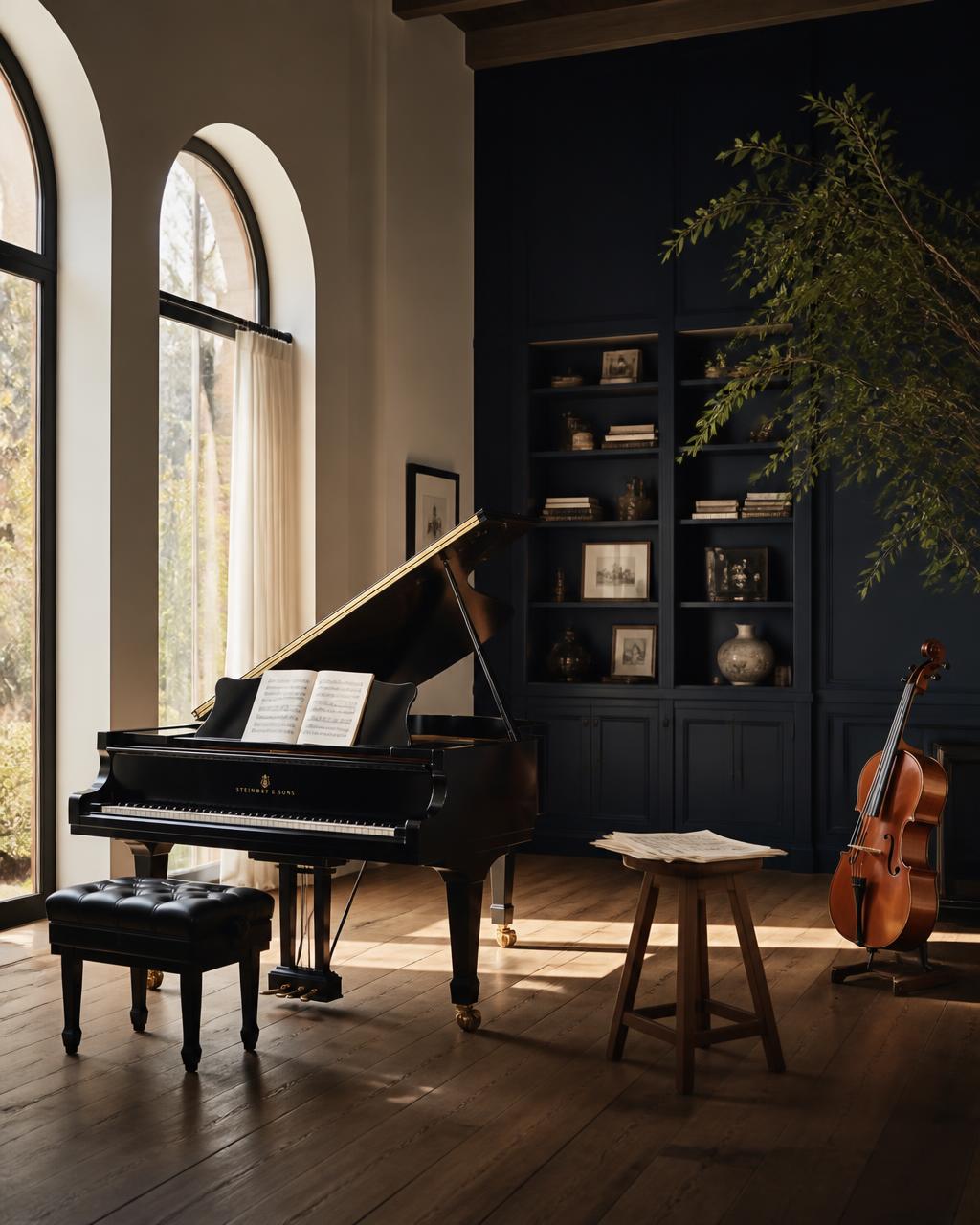 A warm, minimalist music studio with a grand piano and large windows