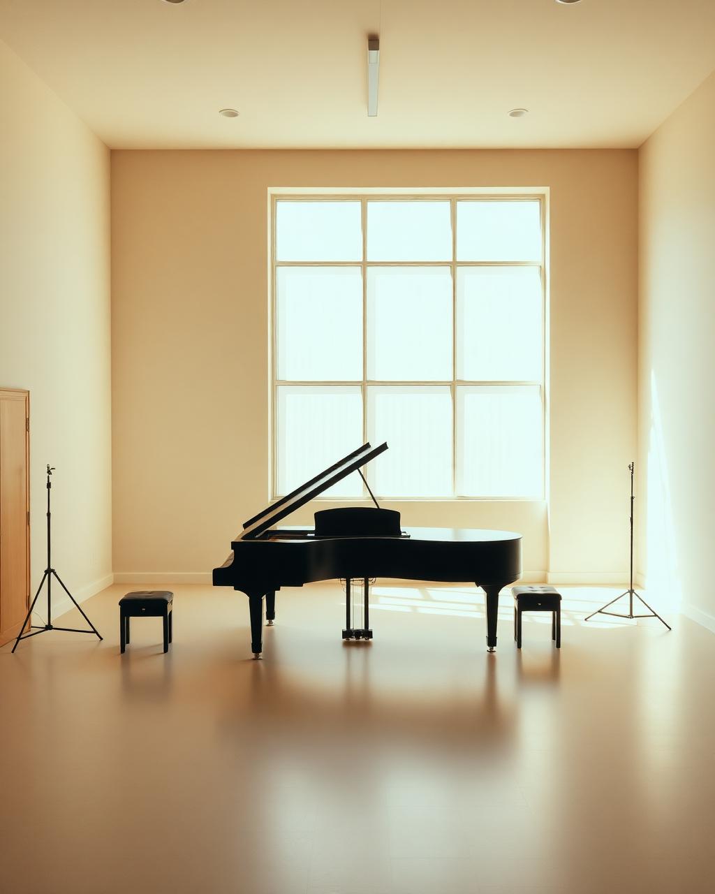 A warm, minimalist music studio with a grand piano and large windows